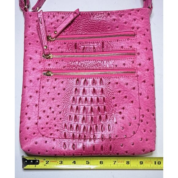 Ostrich Embossed Messenger Bag With Multi Front-Zipped Crossbody Pink - Picture 8 of 9